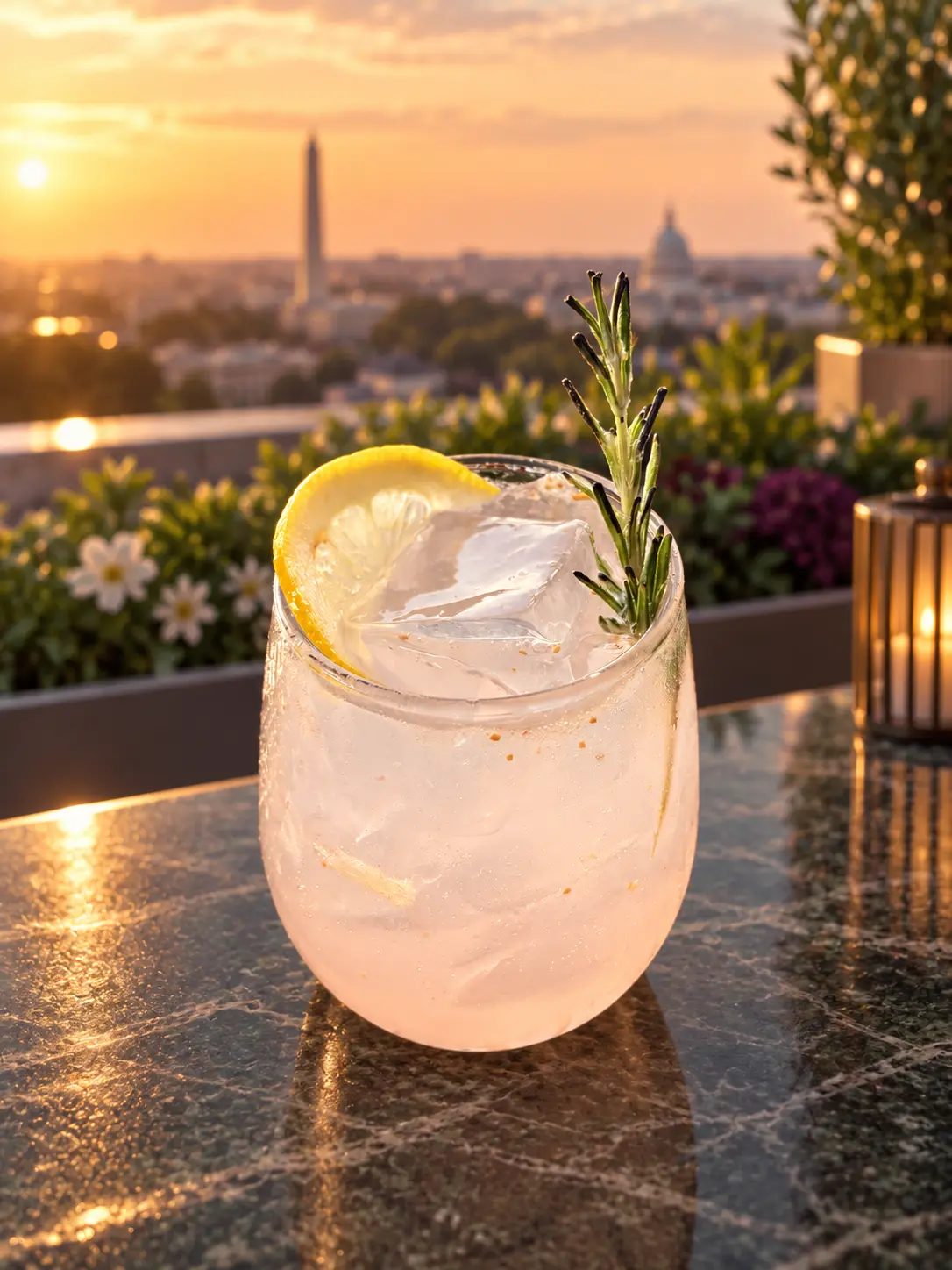 A finished We Old Fashion mocktail with the DC skyline at sunset