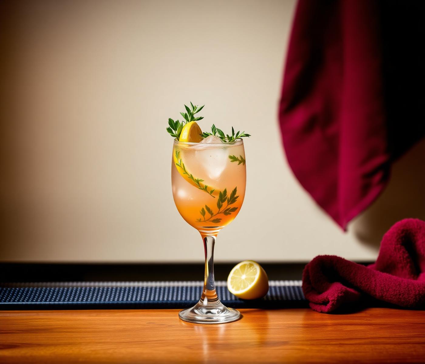 A carefully crafted mocktail on a warm wooden bar